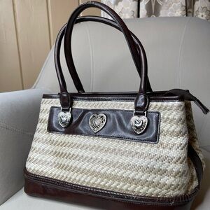 Heart Woven Cream & Dark Brown Leather Shoulder Bag Handbag